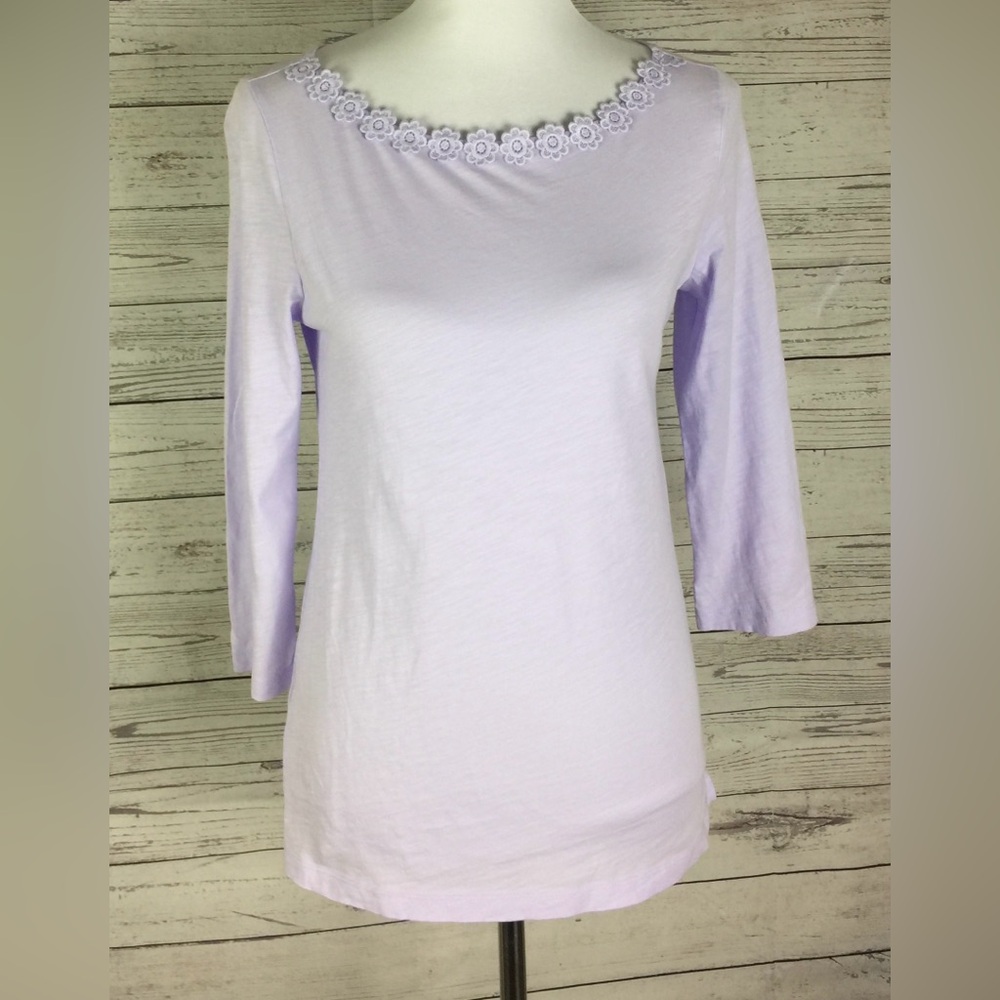 Loft Outlet Women's Lavender Floral Lace Neck Detail 3/4 Sleeve Knit Top